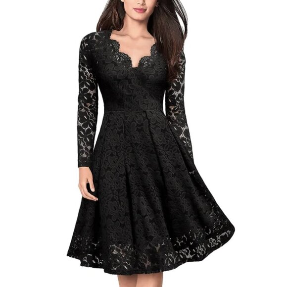 Dresses & Skirts - Women's Wedding Guest Cocktail Party Semi Formal Wrap V Neck Lace Dress M